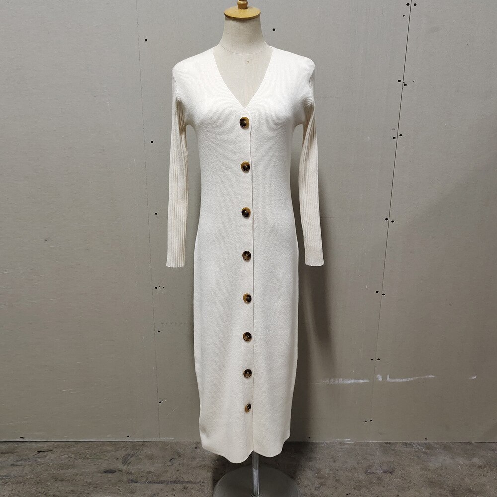 Ootddress Spring New Knitted Sweater Dress V Neck Long Sleeve Bodycon Midi Dress Cardigan Knitwear Ladies Casual White Dresses 2025