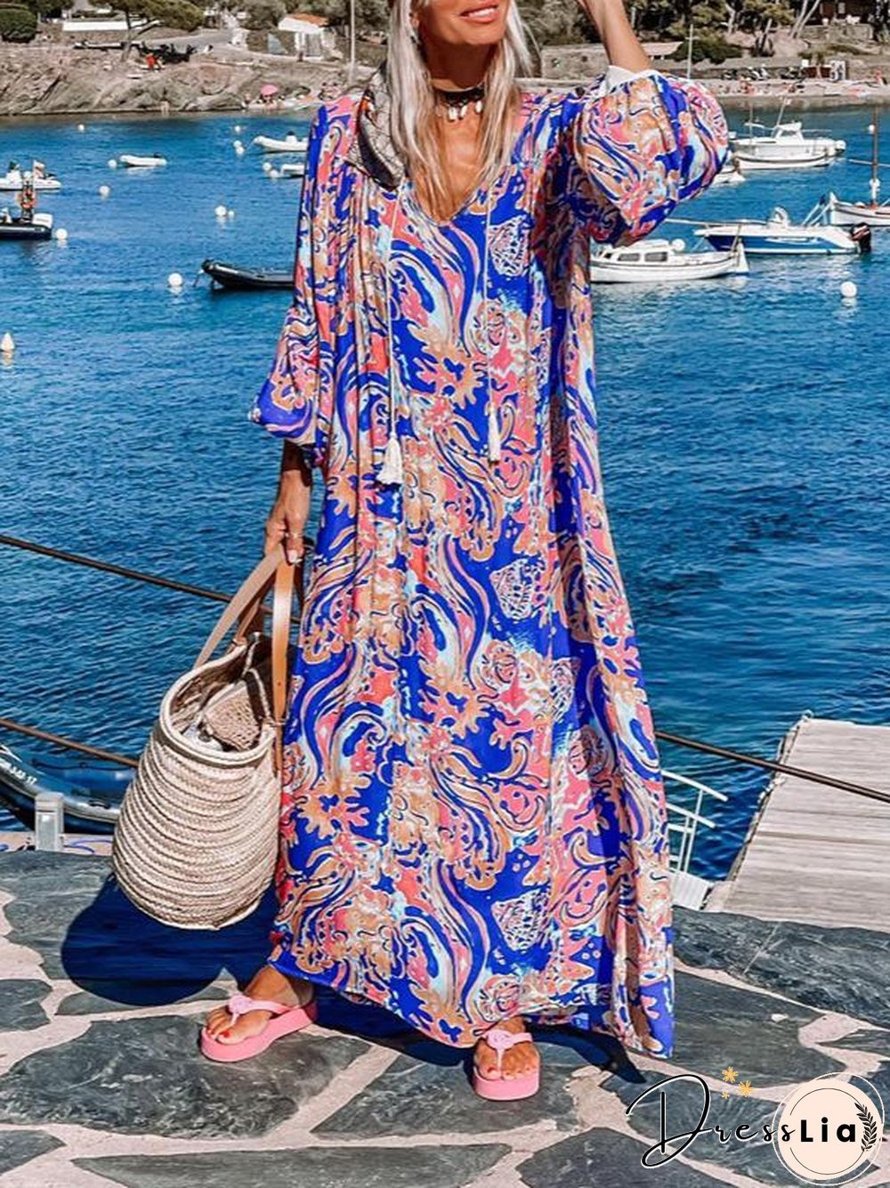 Baggy Printed Long Sleeve Maxi Dress