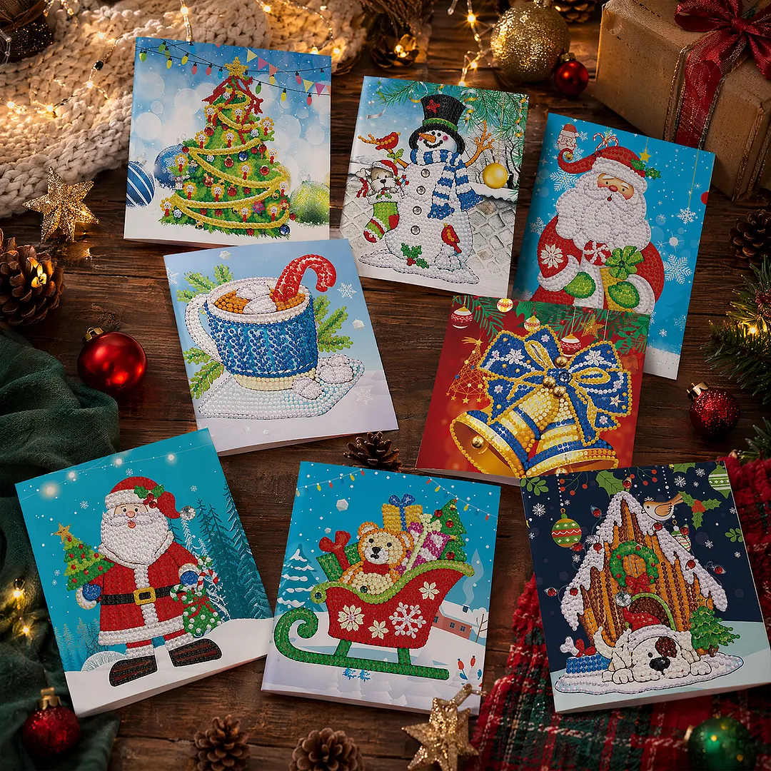 8PCS Christmas Tree DIY Diamond Painting Greeting Card Kits with Envelopes Diamond Art Greeting Cards Diamond Art Cards Kits for Adults DIY Crafts Family Friend Gifts