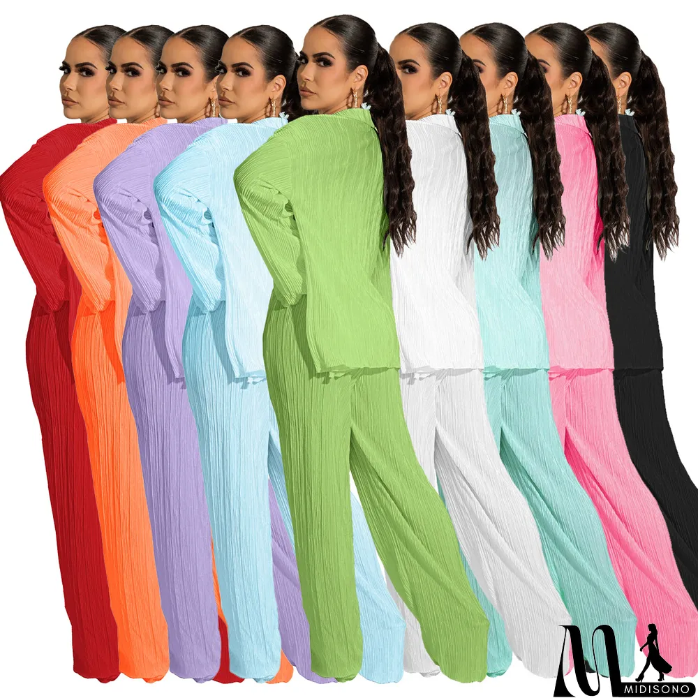 MidiSono - Fall Solid Color Wide Leg Pants Three-Piece Set