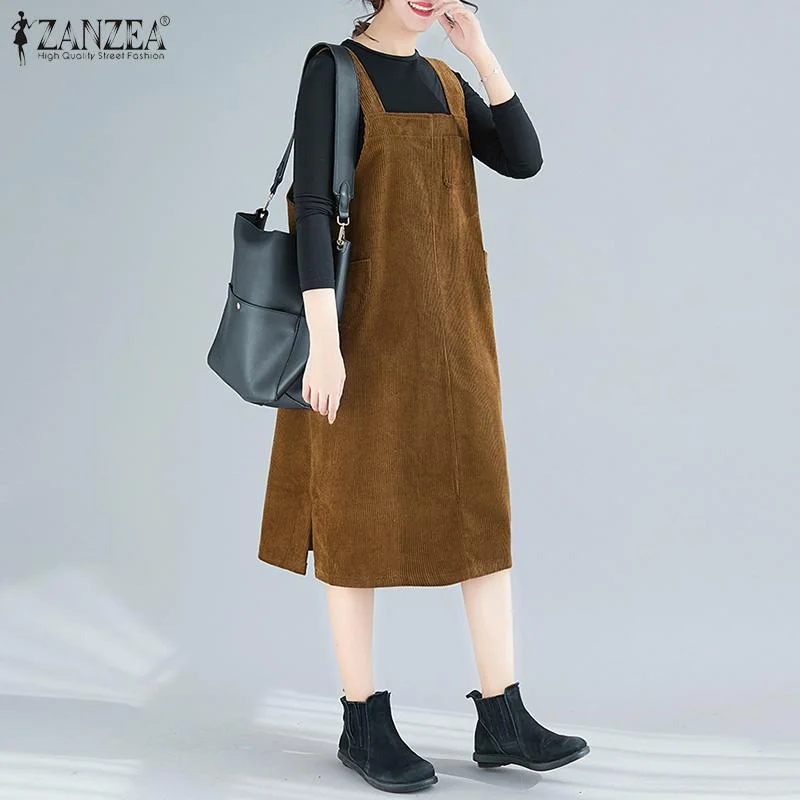 Women Corduroy Overalls Dress ZANZEA Vintage Straps Suspenders Sundress Autumn New Solid Sleeveless Pockets Midi Vestidos