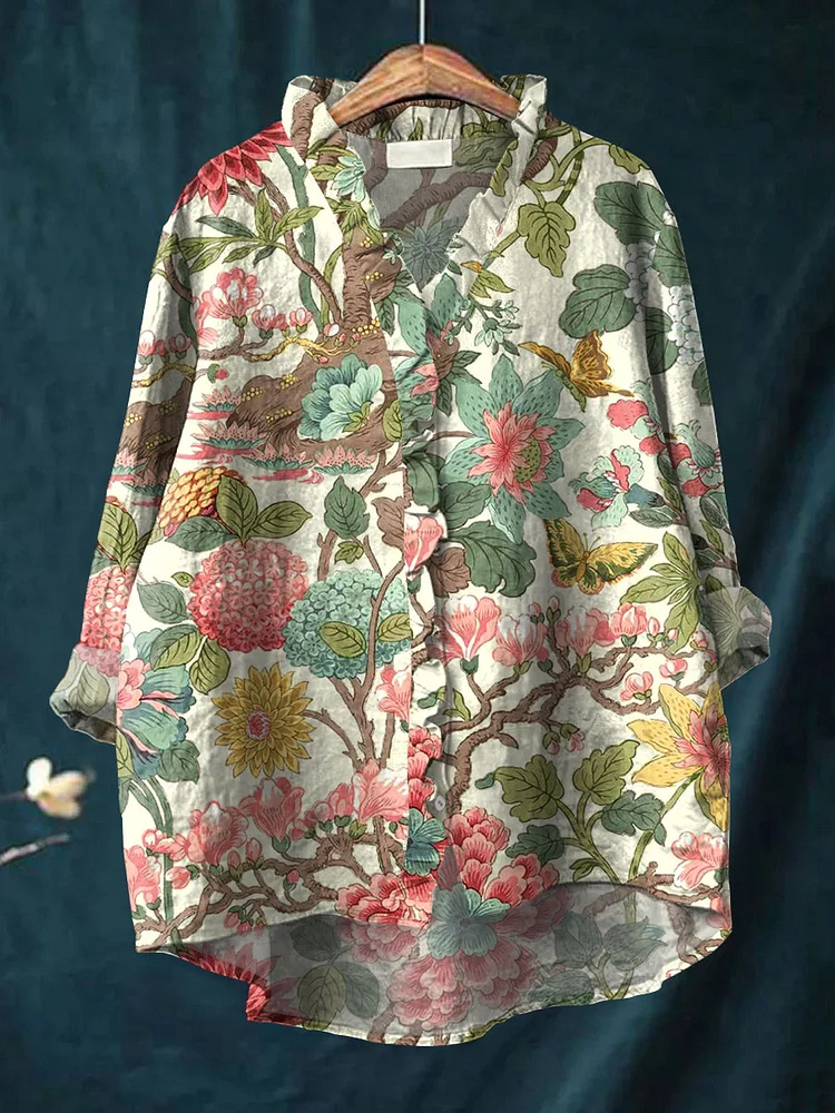 Women's Vintage Floral Art Print Casual Cotton And Linen Ruffle Shirt