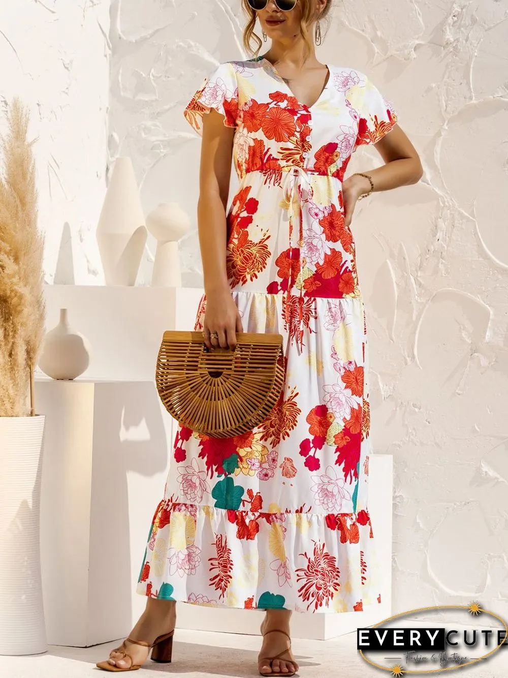 V-neck Floral Print Maxi Dress P16236