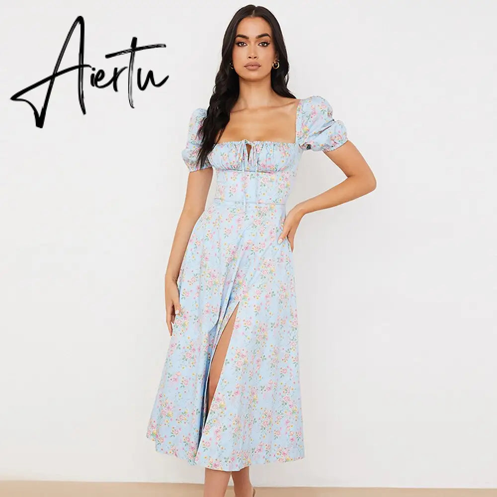 Puff Sleeve Flower Green Summer Split Long Dress Women Sexy Vacation Floral Sundress Outfits Holiday Midi Dress Aiertu
