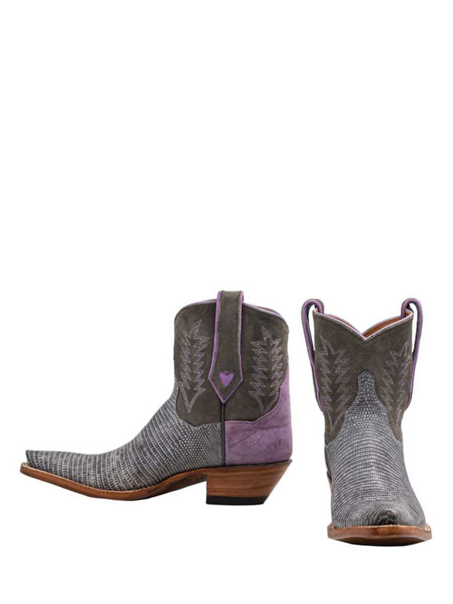 Grey & Purple Lizard Embossed Snip Toe Western Boots with Embroidery