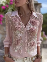 Vintage Boho Pink Floral Glitter Comfy Linen Blouse