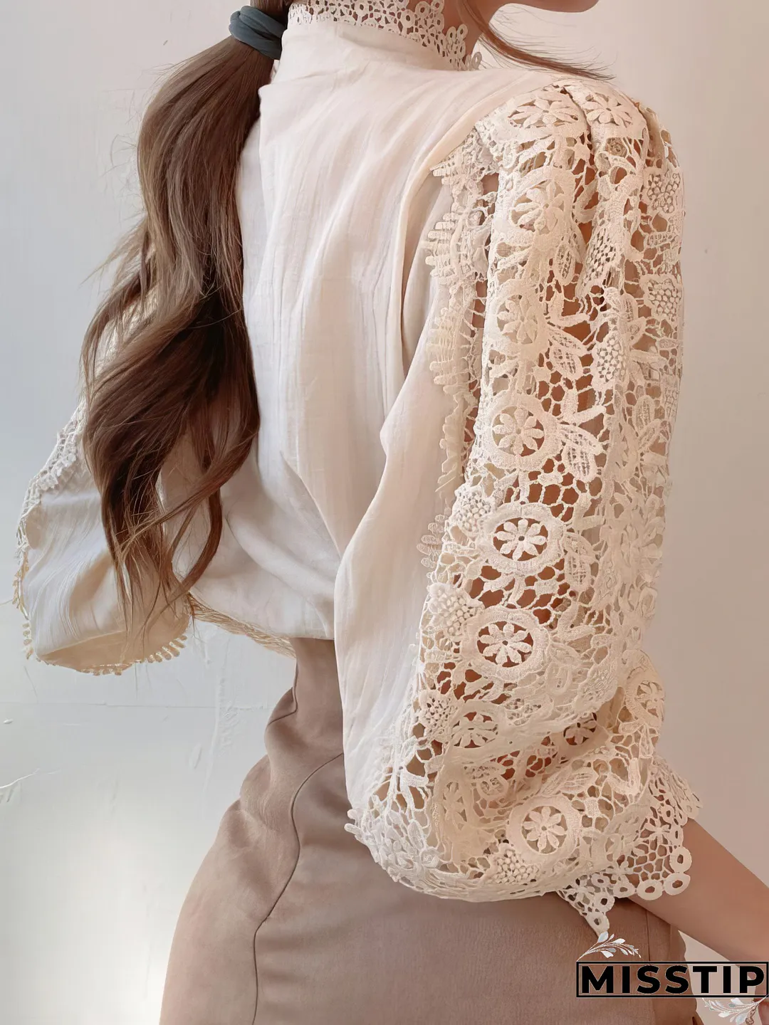 White Lace Blouse with Stand Collar and Pearl Buttons