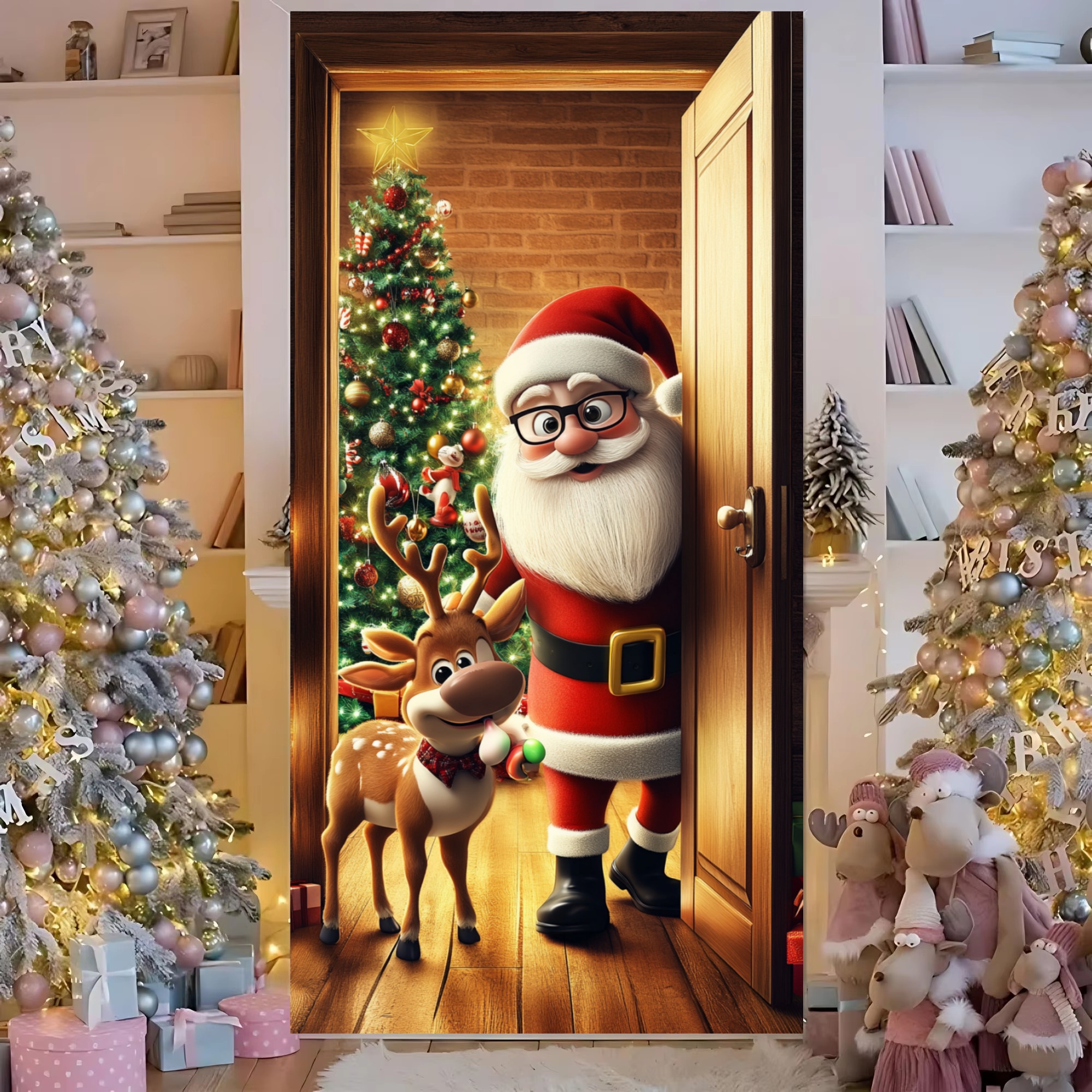 Tegooe Christmas Fabric Door Cover Banner Merry Xmas Photo Booth Backdrop for IndoorOutdoor Holiday Decor