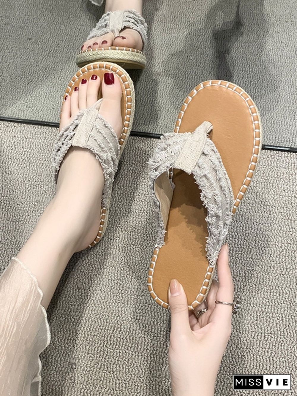 Distressed Denim Fringe Straw Bottom Flip Flops