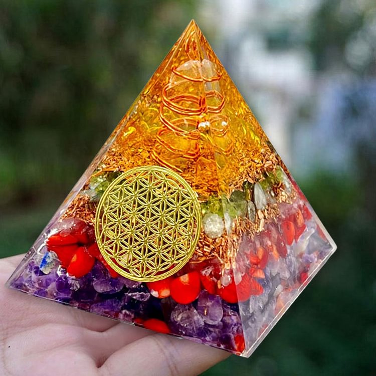 Natural Crystal Flower Of Life Orgone Pyramid