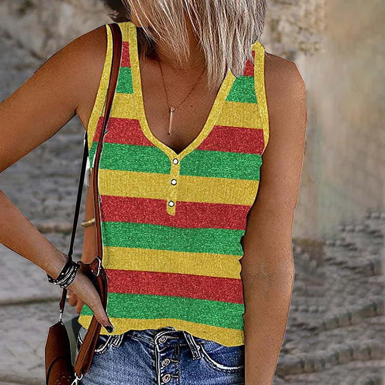 VChics Cinco De Mayo Striped V-Neck Casual Tank Top