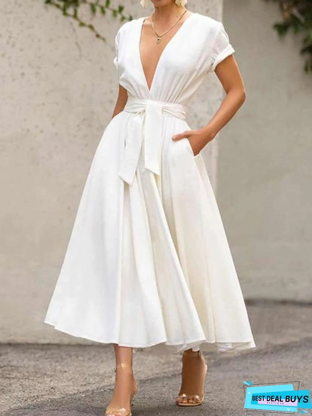 Elegant Deep V  Short Sleeve Woven Dress