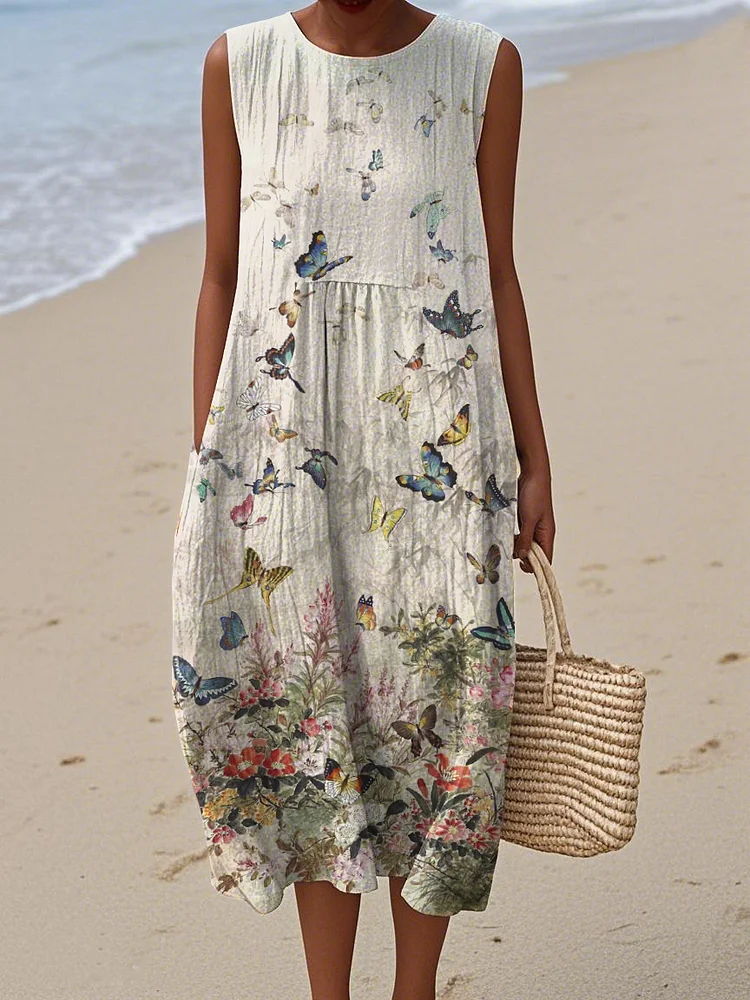 Women's Vintage Butterfly Floral Print Cotton and Linen Dress