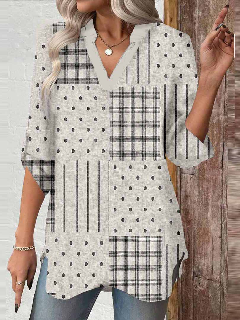 Women Striped,Polka-Dot,Black DZGA0312 3/4 Sleeve V-neck Printed Graphic Button Tops