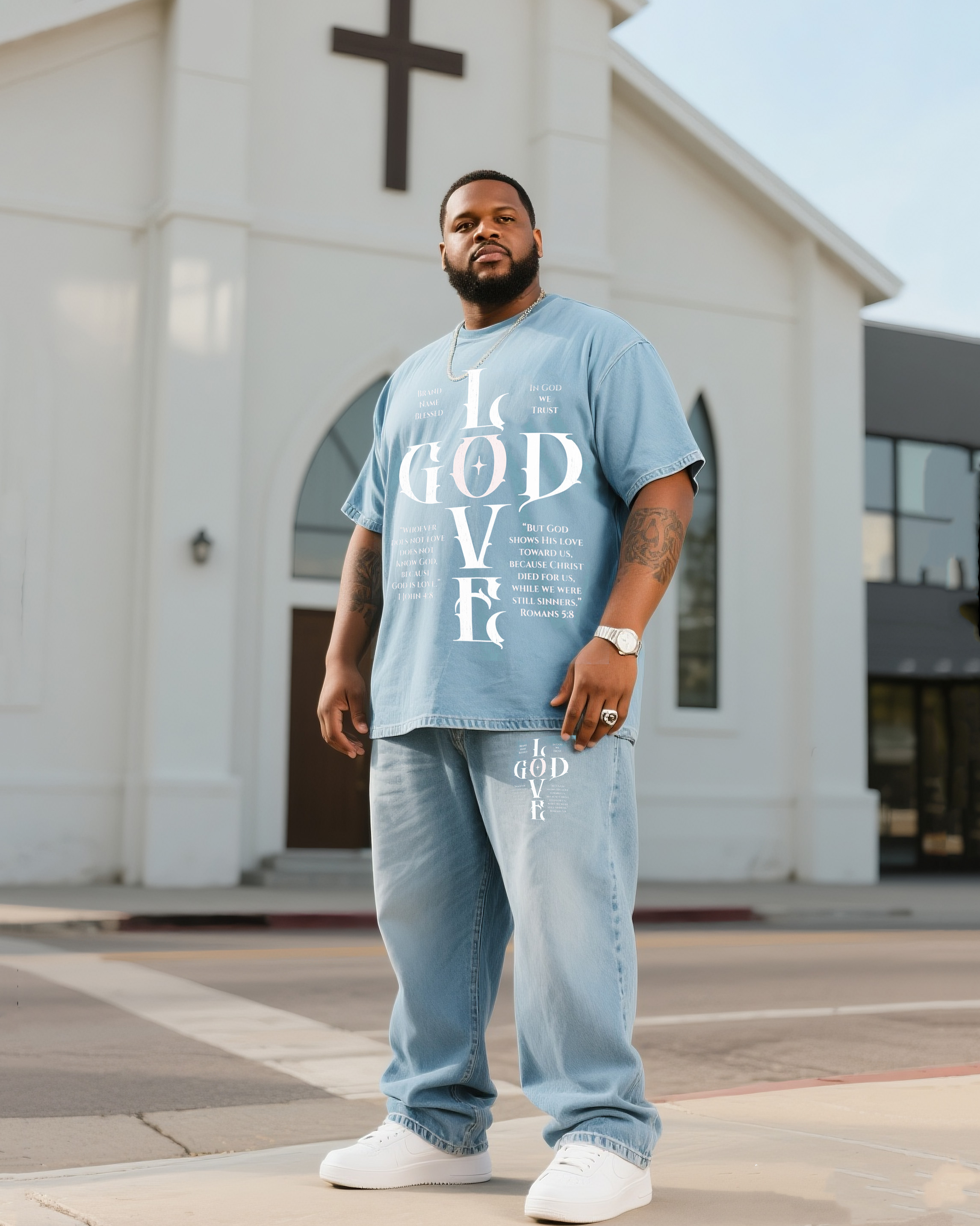 Plus Size Men Love Jesus Denim T-Shirt Pants Suit