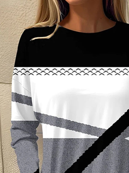 Women's Long Sleeve Scoop Neck Graphic Colorblock Top