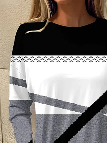 Women's Long Sleeve Scoop Neck Graphic Colorblock Top