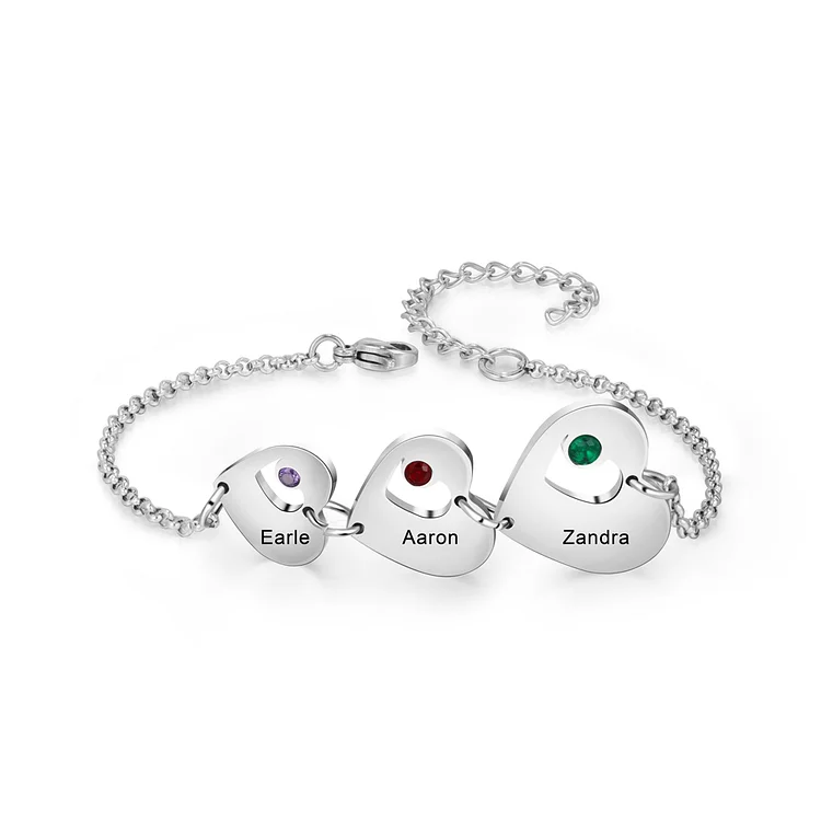 Personalized Heart Bracelet Custom 3 Birthstones Charm Bracelet for Her