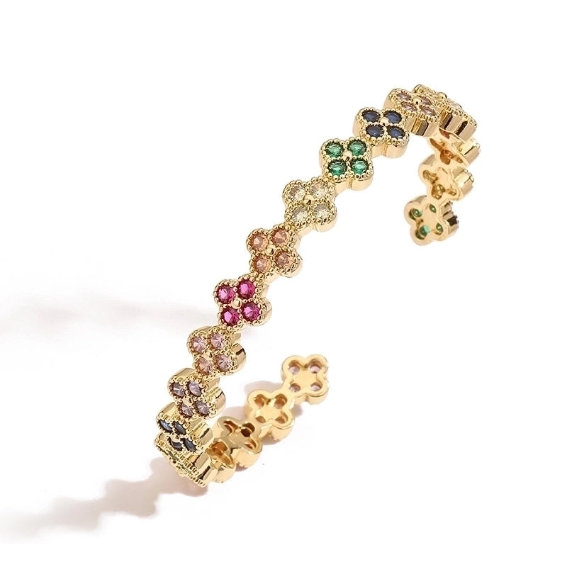 Affordable Luxury Fashion Copper Inlaid Color Diamond Clover Open Adjustable Bracelet Female Niche High Sense Flower Petals Bracelet
