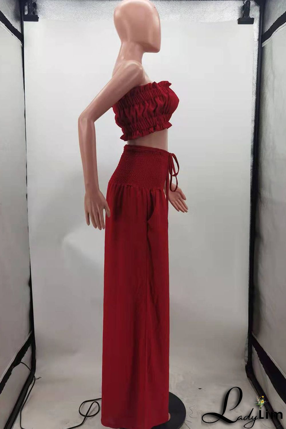 Red Sexy Solid Split Joint Stringy Selvedge Strapless Sleeveless Two Pieces