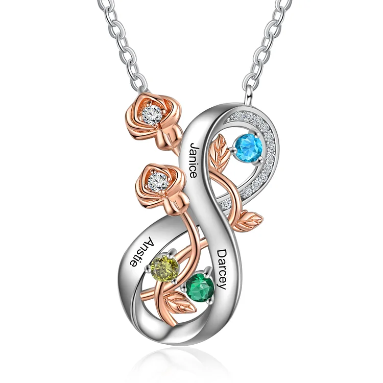 Collier 3 Prénom Personnalisé Pendentif Rose avec 3 Pierre de Naissance