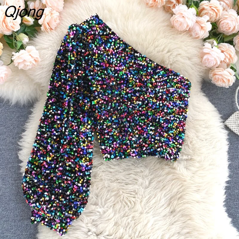Qjong 2022 New Product Oblique Collar T-shirt Strapless Unilateral Puff Sleeve Slim Fit Short Sequined Top HK102