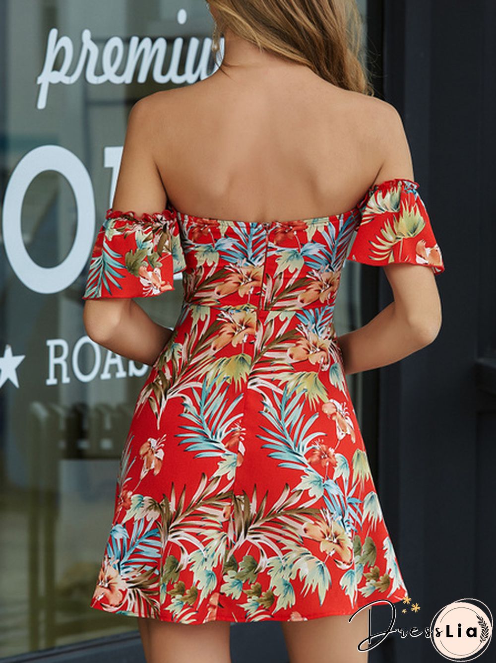 Tropical Floral Print Drawstring Peekaboo Bardot Beach Hot Dress
