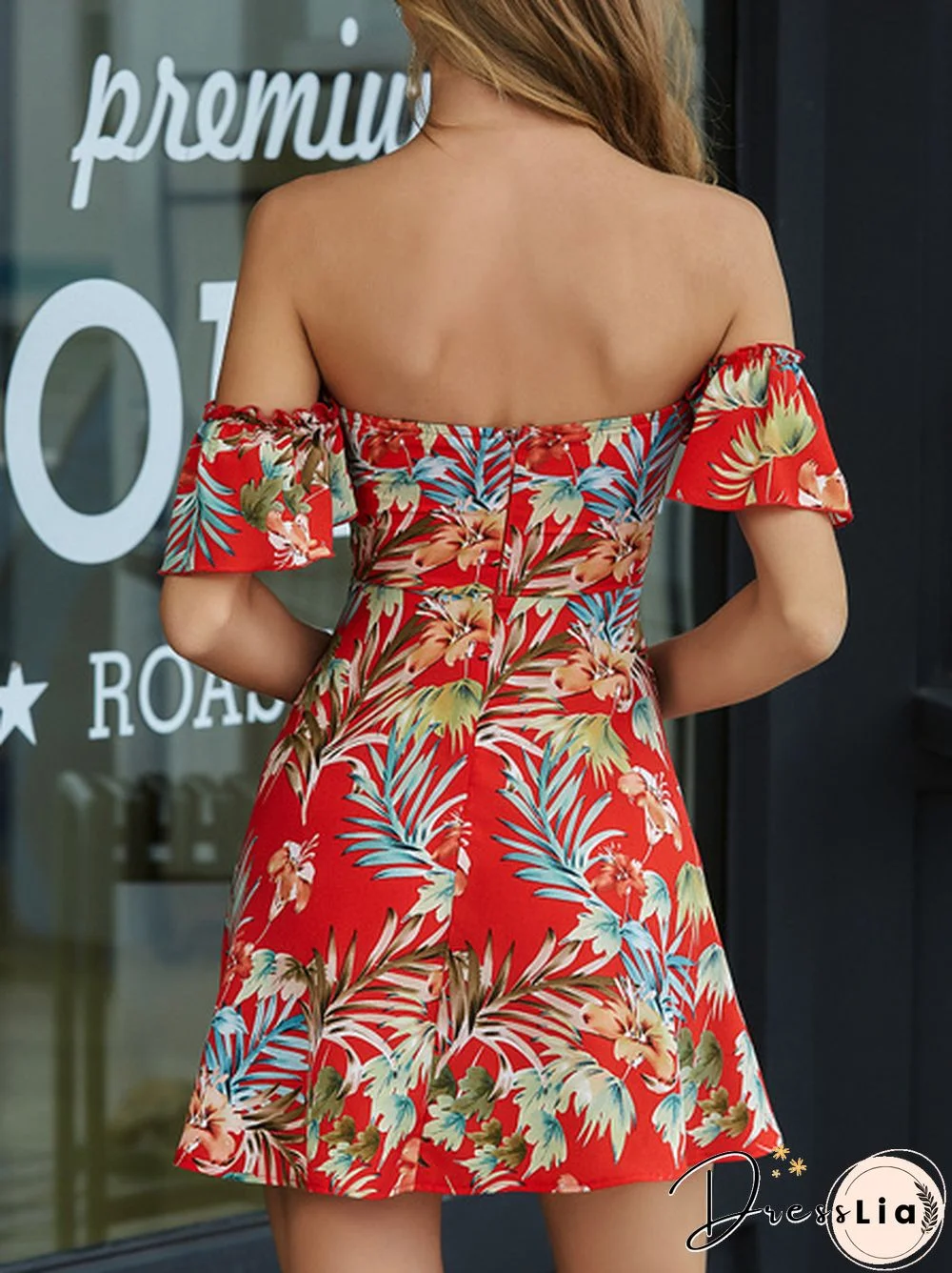 Tropical Floral Print Drawstring Peekaboo Bardot Beach Hot Dress