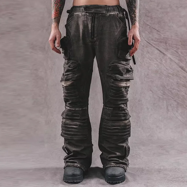 Wasteland Three-Dimensional Patch Pockets Distressed Washed Wide-Leg Pants