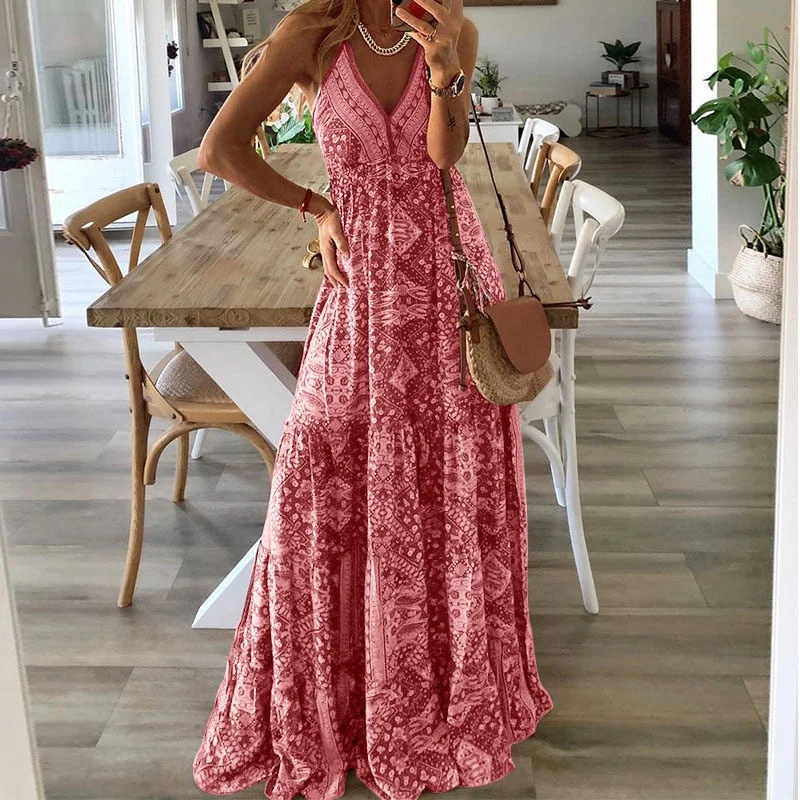 wsevypo Vintage Paisley Print Suspender Beach Dress Summer Boho Women Ladies Spaghetti Straps Maxi Ruffles Sundress Backless