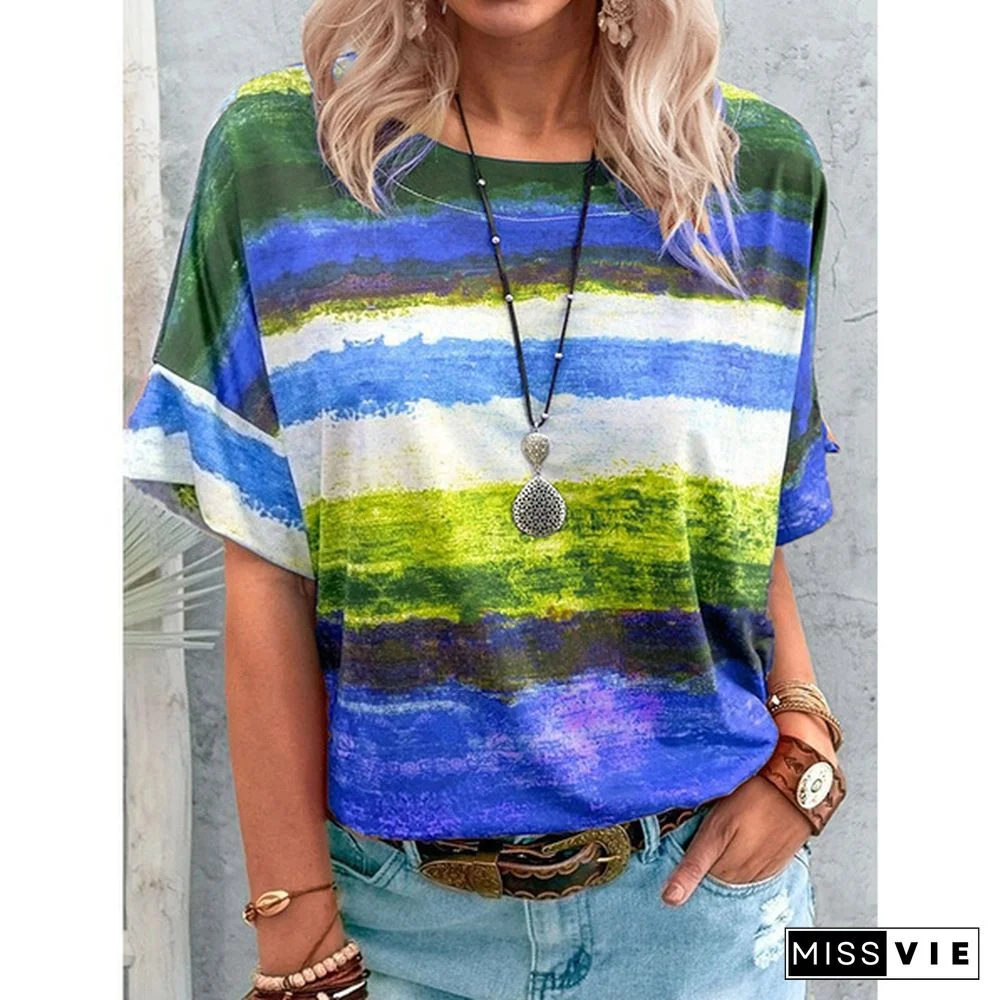 XS-8XL Spring Summer Tops Plus Size Fashion Women's Casual Short Sleeve Tee Shirts Block Color Striped Tops Ladies O-neck Printed Tops Cotton Loose T-shirts