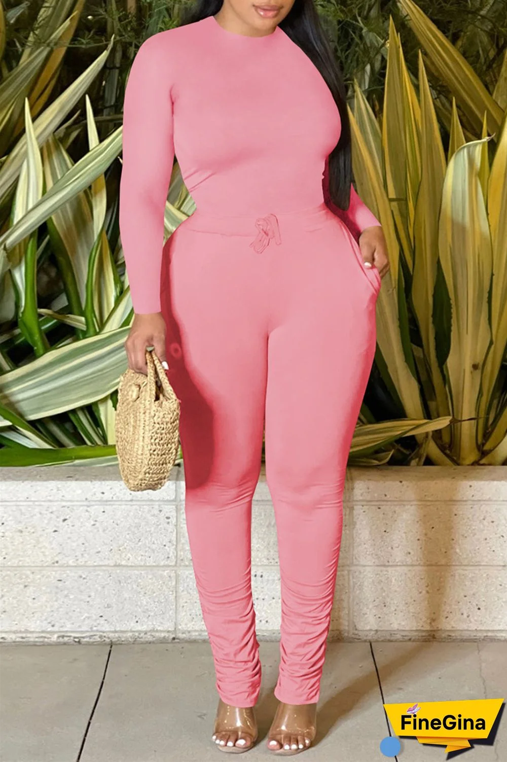 Yellow Casual Solid Basic O Neck Long Sleeve Two Pieces