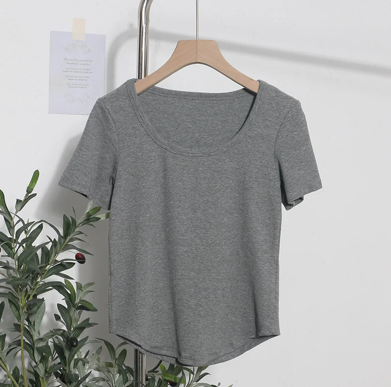 Breakj Solid Color Irregular U-Neck Short-Sleeved T-Shirt Woman Xia Slimming Leisure Short Coat 1809