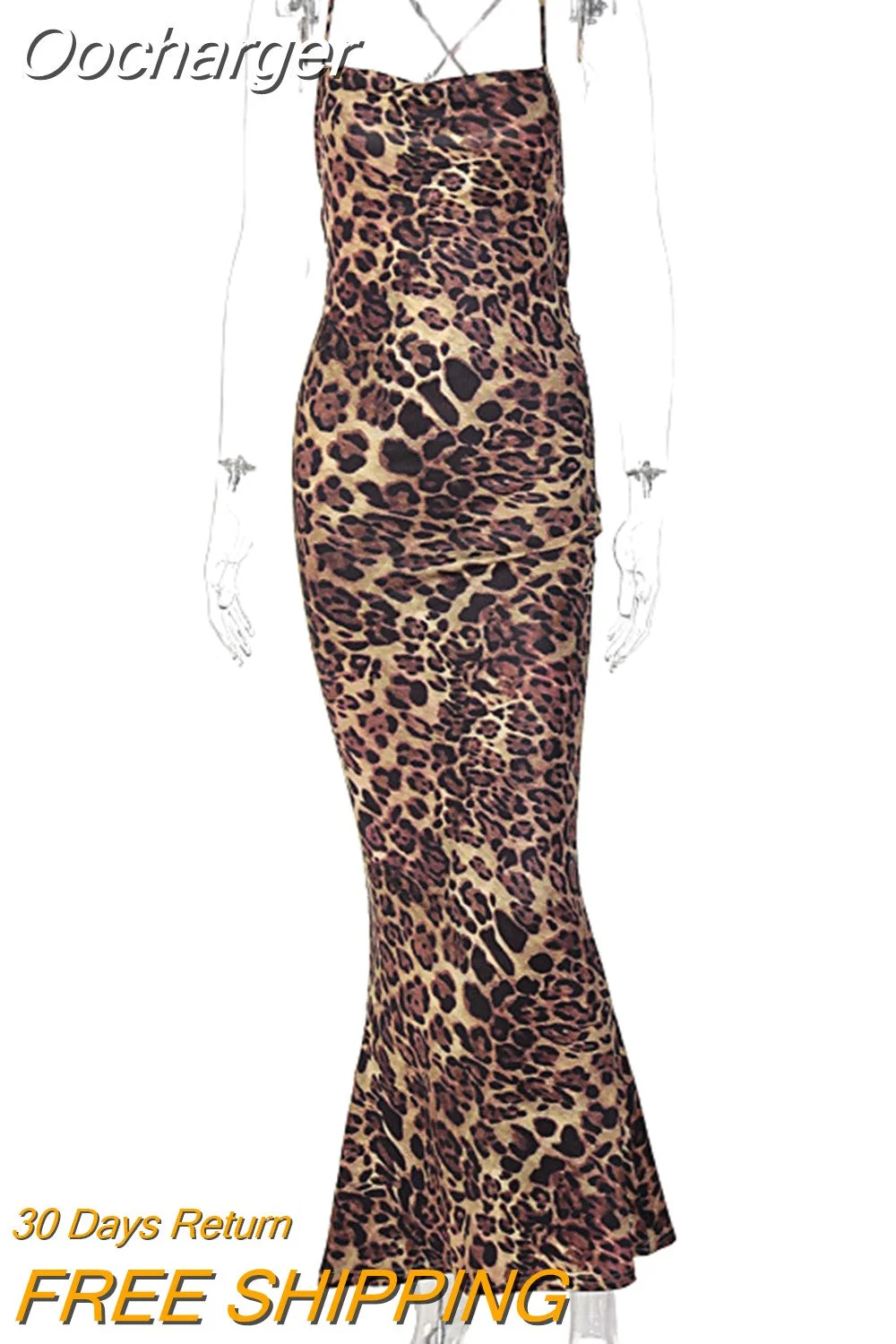 Oocharger Elegant Leopard Print Maxi Dress For Women Summer Sexy Club Party Dresses Female Spaghetti Strap Sleeveless Long Dress