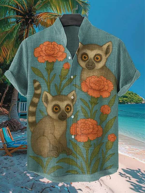 Men's Lemur And Flower Art Print Casual Shirt