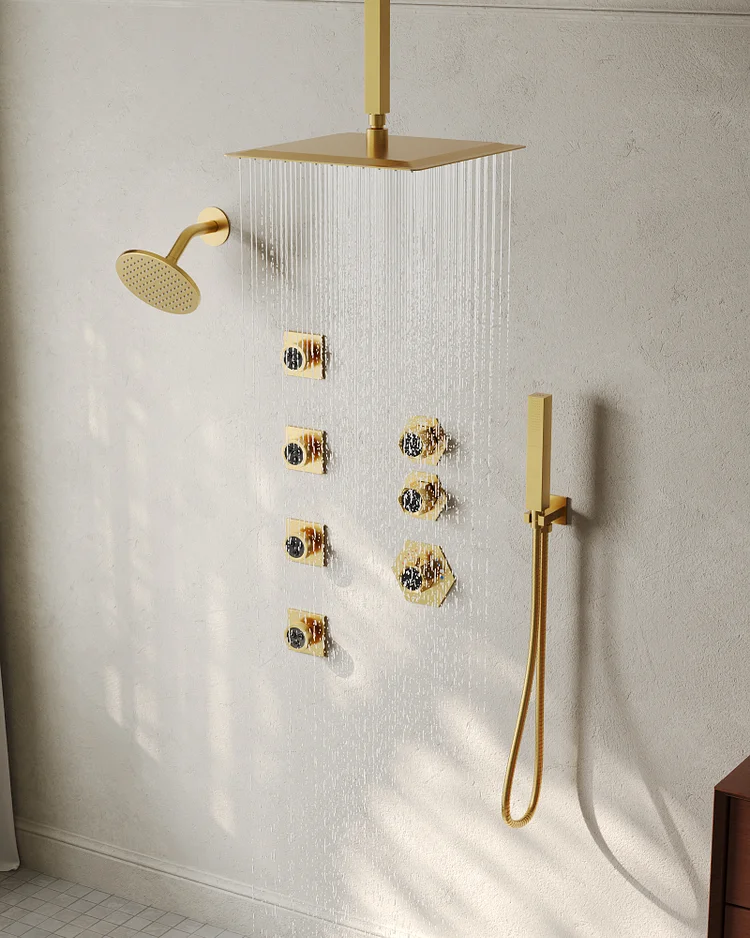 EVERSTEIN SFS-1039-GD12 12" Dual Rainfall Shower Faucet with 8-Spray Patterns, Ceiling Mounted and Rough-in Valve