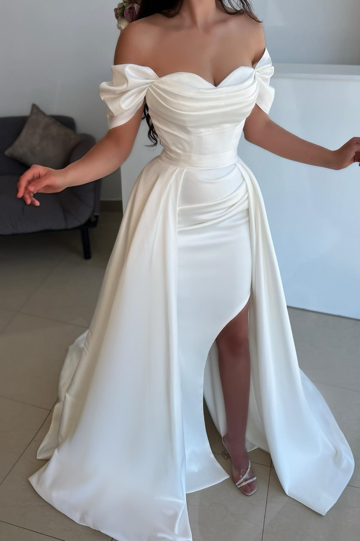 Dresseswow White Off-The-Shoulder Sweetheart Mermaid Prom Dress Detachable Skirt With Split