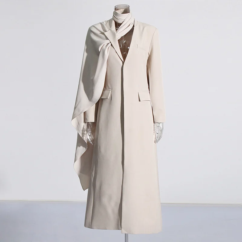Toloer Toloer Fire Millard Wind 2024 Autumn New Scarf Collar Long Sleeve Personality Hollow Design Solid Color Trench Coat Female-Outfit Ideas