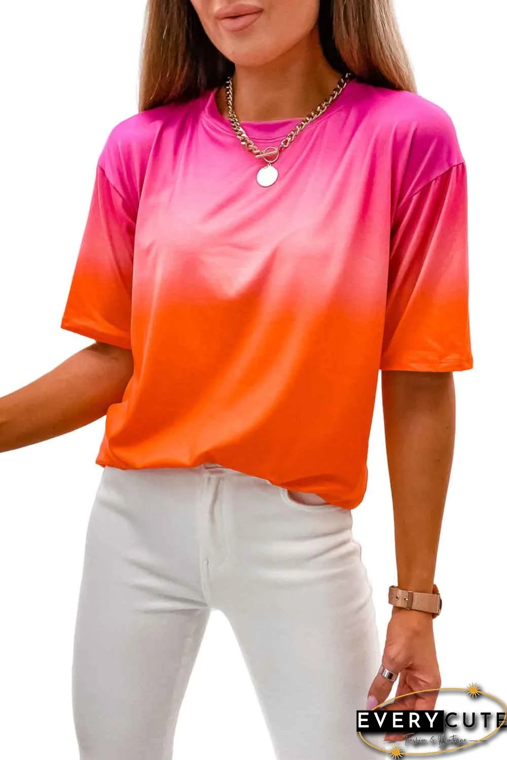 Orange Gradient Short Sleeve Round Neck T-Shirt