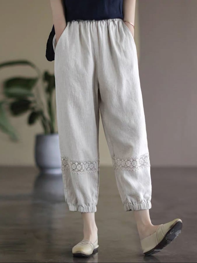 Cotton And Linen Patchwork Lace Casual Leggings