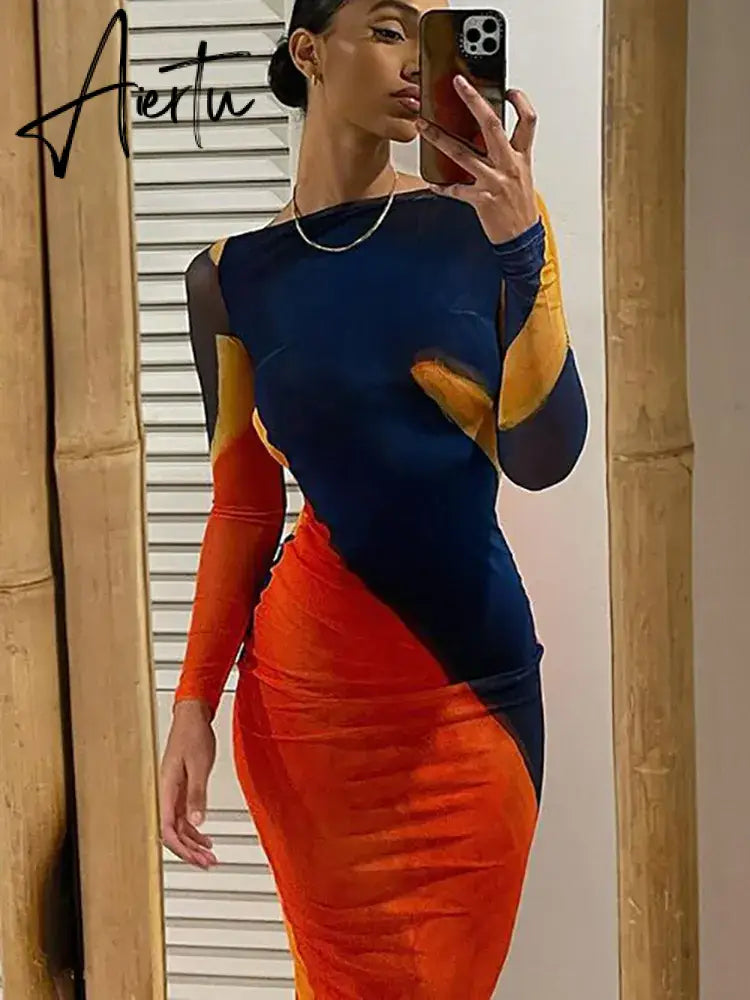 Sexy Backless Maxi Dress Fashion Print Long Sleeve Bodycon Party Dress Beach Outfits New Summer Evening Club Dress Aiertu