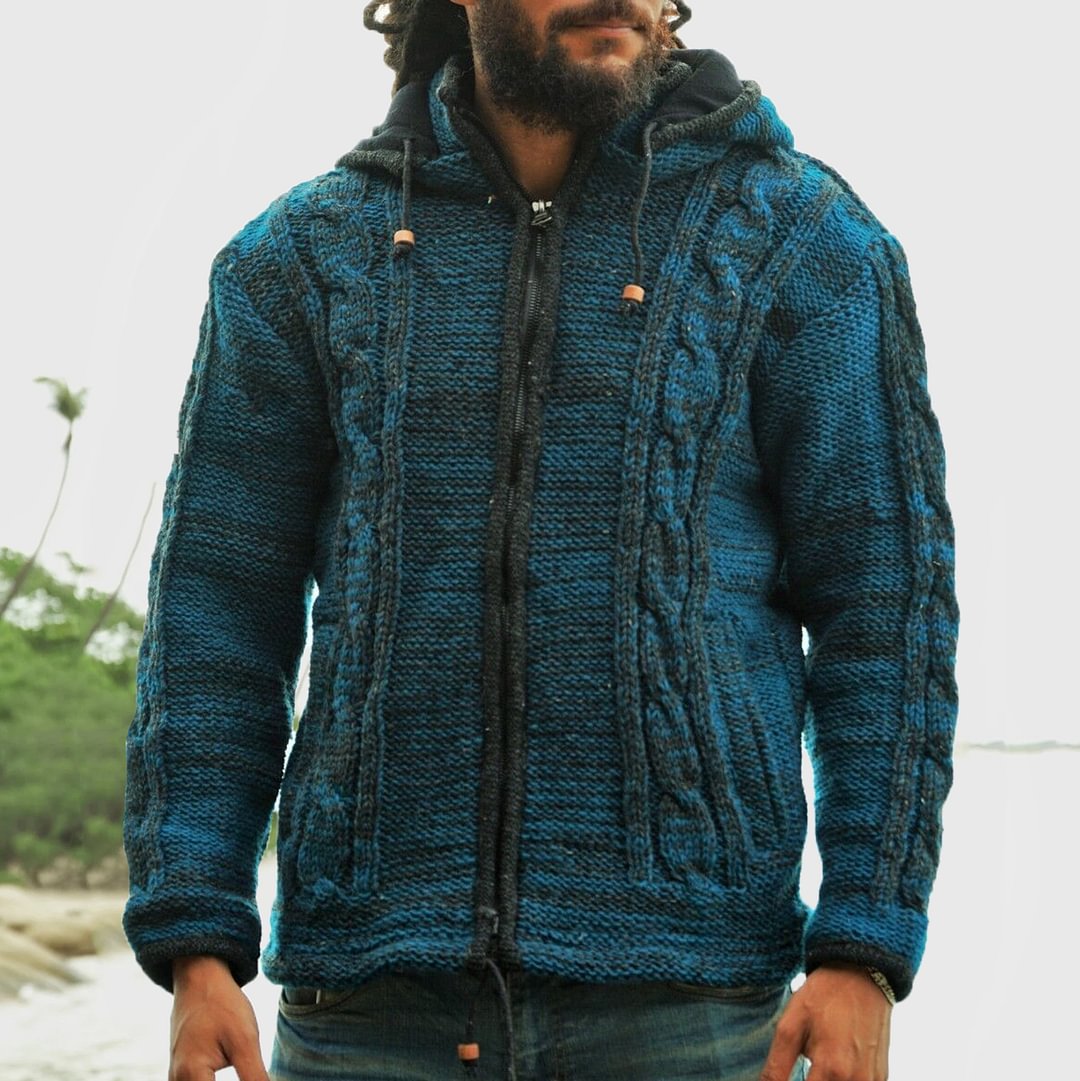 Men's Warm Hippie Teal Grey Double Knitted Cardigan