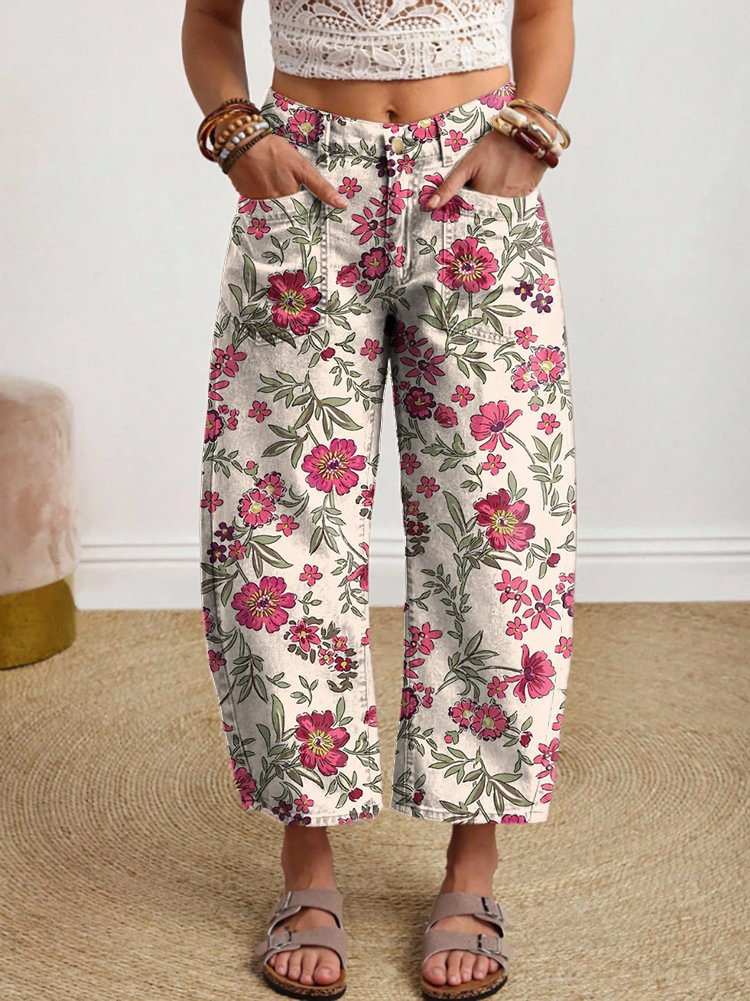 Women's Vintage Ethnic Cute Floral Art Print Leisure Pocket Jeans