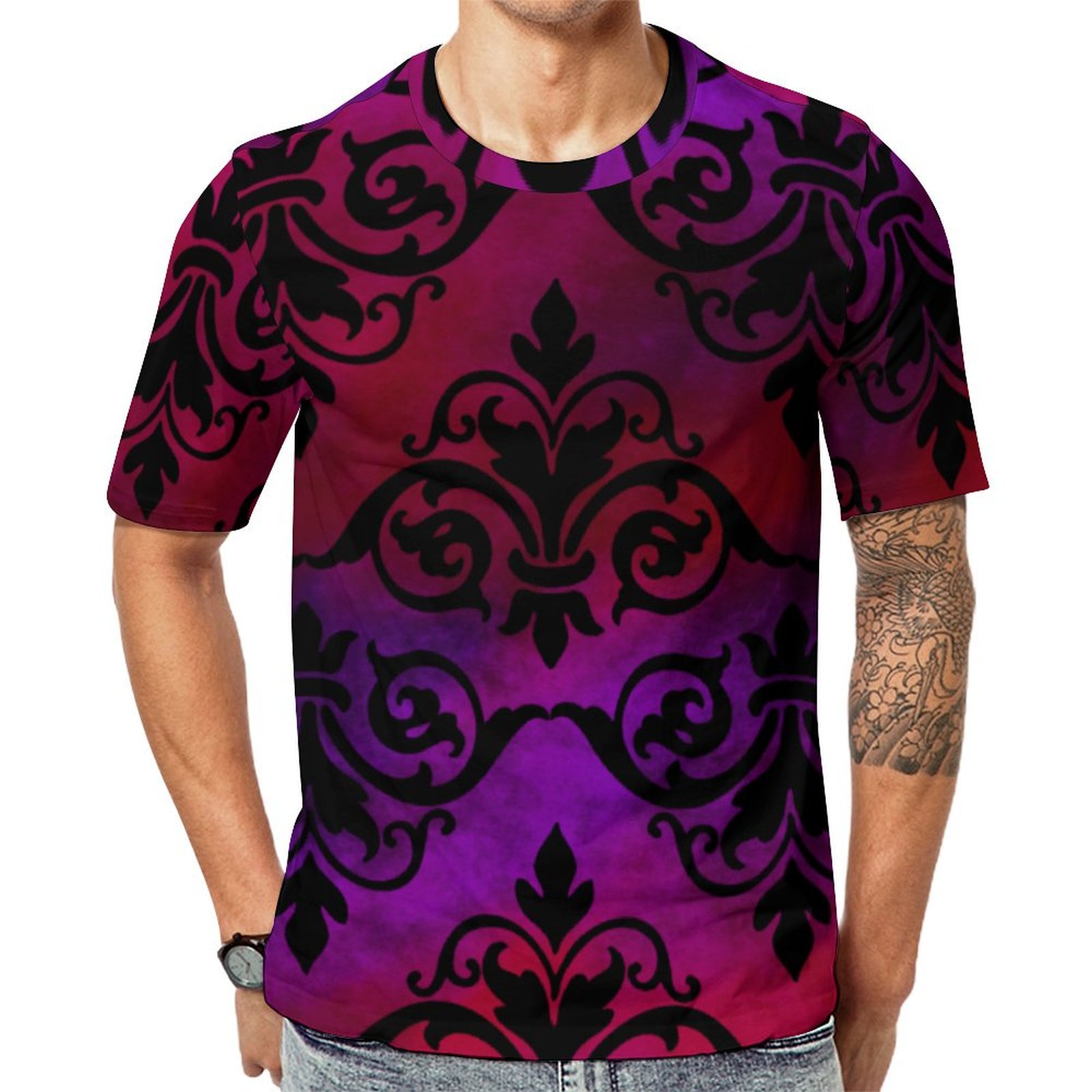 Goth Damask With Black Over Purple And Red Short Sleeve Print Unisex Tshirt Summer Casual Tees for Men and Women Coolcoshirts