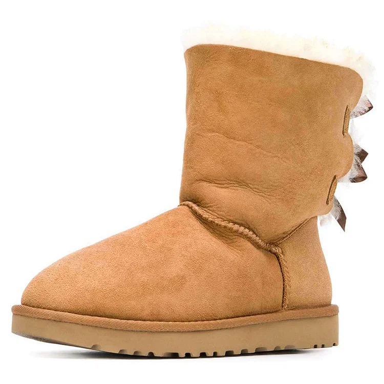 Tan Vegan Suede Flat Winter Boots with Bow |FSJ Shoes