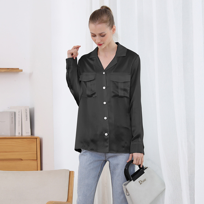 Solid Silk Shirt With Pockets Black
