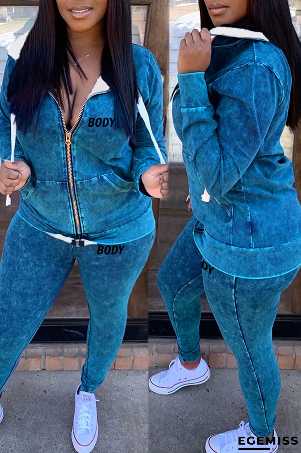 Blue Casual Print Patchwork Zipper Hooded Collar Long Sleeve Two Pieces | EGEMISS