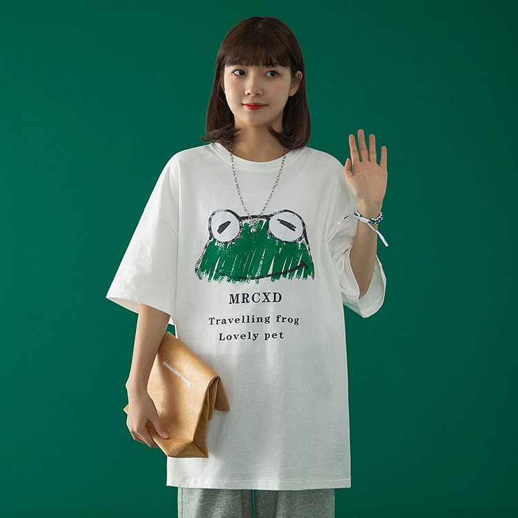 Girlfriend Boyfriend Cartoon Frog Print Loose Cotton T-Shirt - Modakawa Modakawa