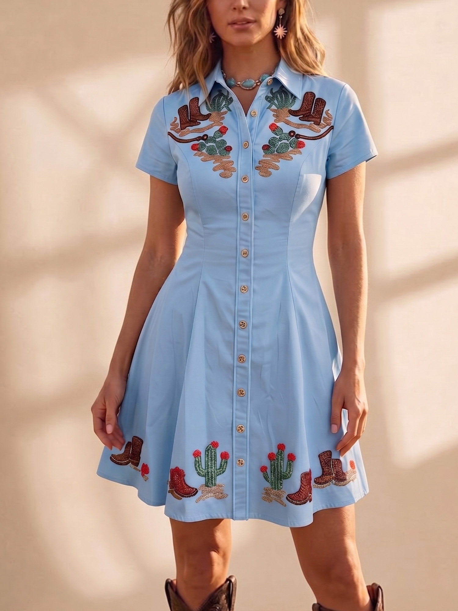 Western-Style Dress &mdash; Sky Blue Cactus And Cowboy Boots Denim Mini Dress