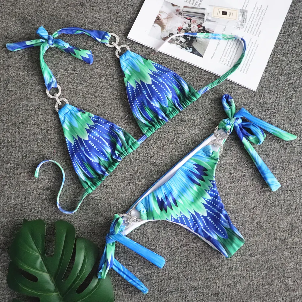 Brownm Brownm New Swimsuit Sexy Crystal Diamond Solid Color Strap Bikini Beach Vacation Swimsuit Woman